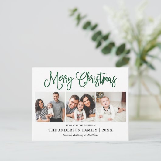 おもしろいモダン・グリーン・カリグラフィ・クリスマス3枚 ポストカード (スタンド正面)
