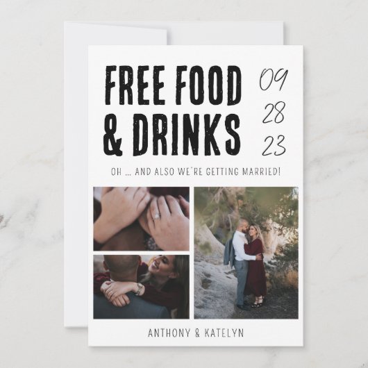 おもしろいモダンFree Food & Drinks結婚の3枚の写真 セーブザデート (正面)