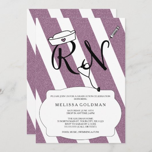 おもしろいモダンRN卒業招待状パープルグリッター 招待状 (正面/裏面)