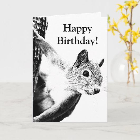 おもしろいモノクロのリス 編集可能 カード (黄色い花)