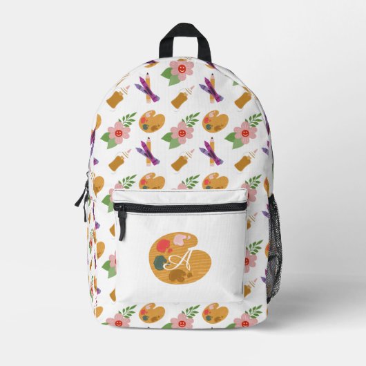 おもしろいモノグラムアーティストアートパターンスクール プリントバックパック (正面)