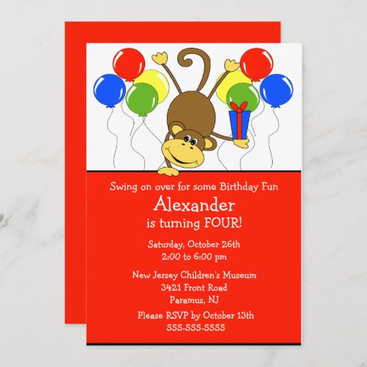 おもしろいモンキー誕生日招待状 招待状 (正面/裏面)