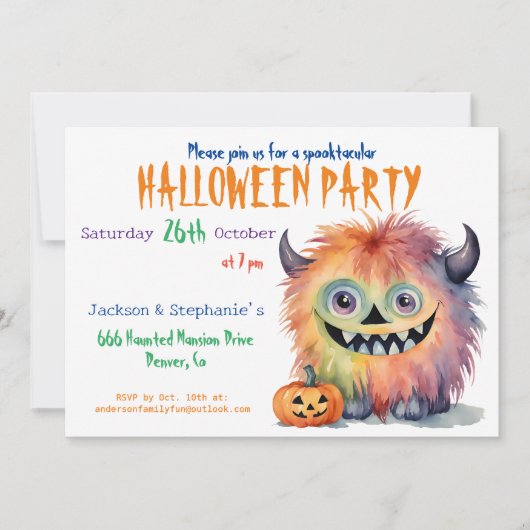 おもしろいモンスターのハロウィンパーティー 招待状 (正面)