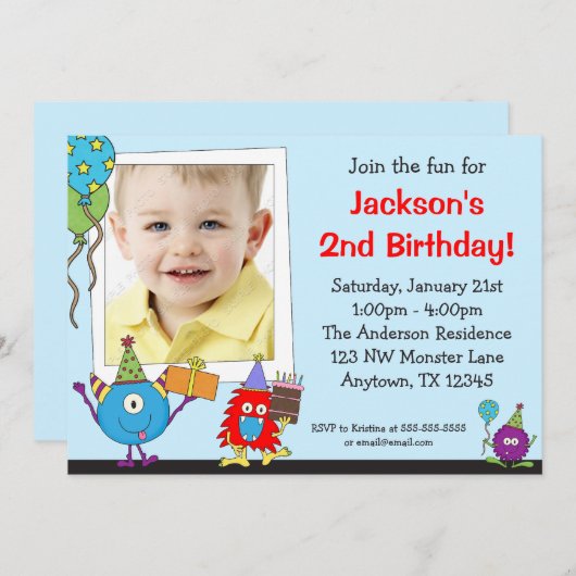 おもしろいモンスターフォトバースデーパーティ招待状 招待状 (正面/裏面)