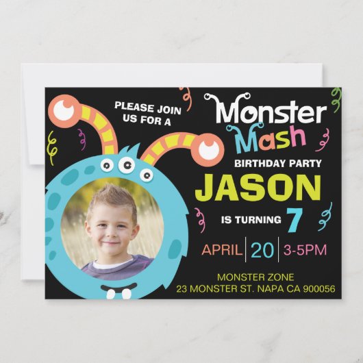 おもしろいモンスターマッシュ写真誕生日パーティーへの招待 招待状 (正面)