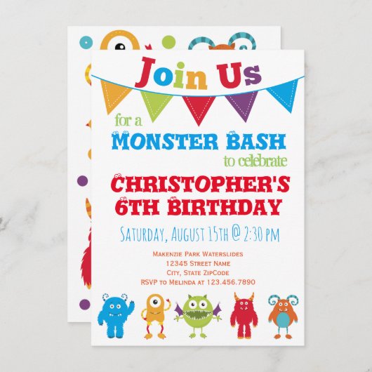 おもしろいモンスター子供の誕生日パーティの招待状 招待状 (正面/裏面)