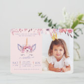 おもしろいユニコーン顔水彩写真パーティー招待状。 招待状 (スタンド正面)