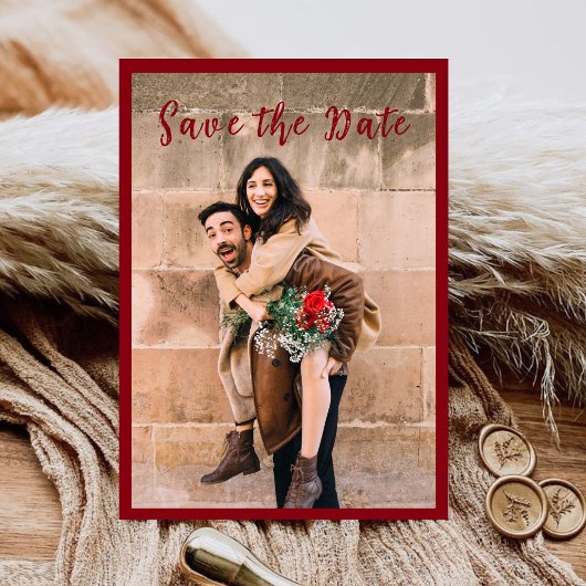 おもしろいユニークカップル写真の赤いスクリプト日付を保存 招待状