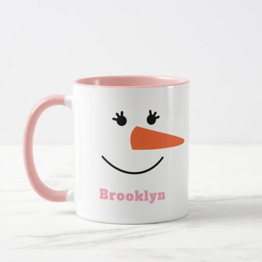 おもしろいユニークトレンディー名前をカスタムするハッピー雪だるま顔 マグカップ (左)