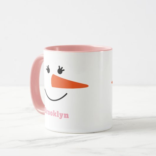 おもしろいユニークトレンディー名前をカスタムするハッピー雪だるま顔 マグカップ (正面左)