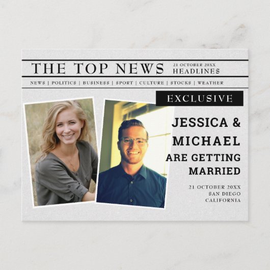 おもしろいユニーク新聞の見出し写真日付の保存 インビテーションポストカード (正面)