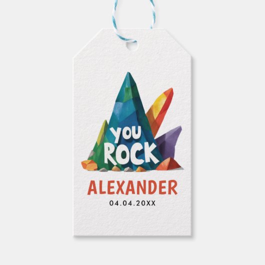 おもしろいユーカラフルロックマウンテンクライマーキャ絵を描ンプ ギフトタグ (正面)