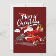 おもしろいユーモアMerry Christmas Card：ブルドッグ&サンタ
