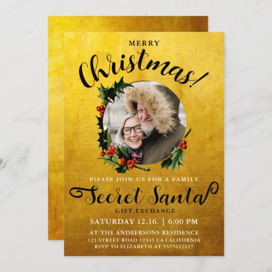 おもしろいラグジュアリーグラム金ゴールドメリークリスマスシークレットサンタフォト 招待状 (正面/裏面)