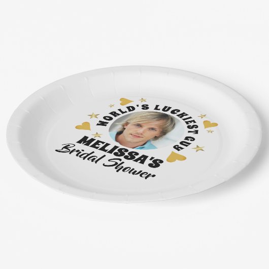 おもしろいルーム顔フォト金ゴールドハートブライダルシャワー ペーパープレート (アングル)