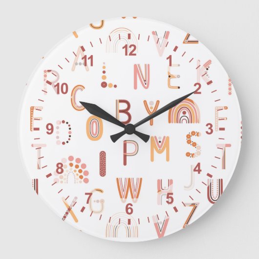 おもしろいレインボーアルファベットパターン ラージ壁時計 (正面)