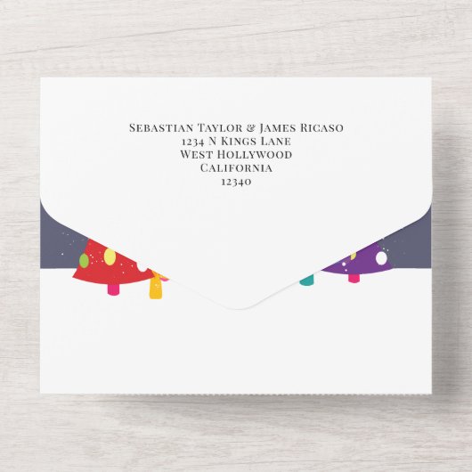 おもしろいレインボーカラフルゲイプライドクリスマスツリーカード オールインワン招待状 (裏面)