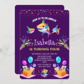 おもしろいレインボーシャークバルーン誕生日パーティーファミリー 招待状 (正面/裏面)