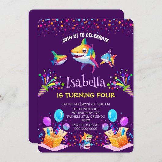 おもしろいレインボーシャークバルーン誕生日パーティーファミリー 招待状 (正面/裏面)