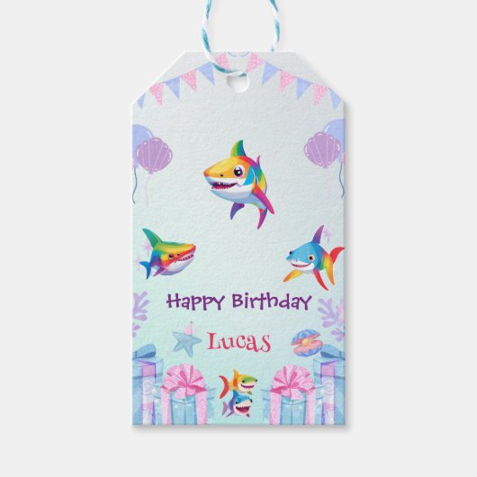 おもしろいレインボーシャーク誕生日バルーンパーティーファミリー ギフトタグ (正面)