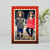 おもしろいレッドカスタム金ゴールドペパーミントキャンディーケインストライプ 箔シーズンカード (立ち正面)