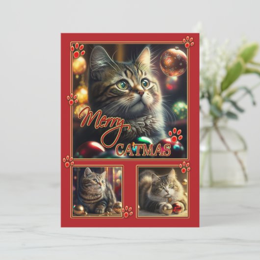 おもしろいレッドキャットフォトクリスマス年賀状 シーズンカード (スタンド正面)
