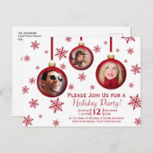 おもしろいレッドクリスマスバウブル3フォトホリデーパーティー インビテーションポストカード (正面/裏面)
