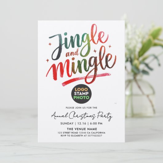 おもしろいレッドグリーンクリスマス会社のロゴブラシスクリプト 招待状 (スタンド正面)