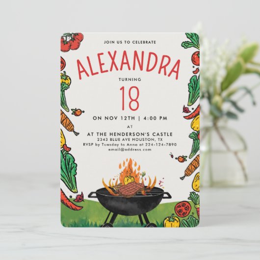 おもしろいレッドグリーンバックヤードグリルステーキベギピクニック 招待状 (スタンド正面)