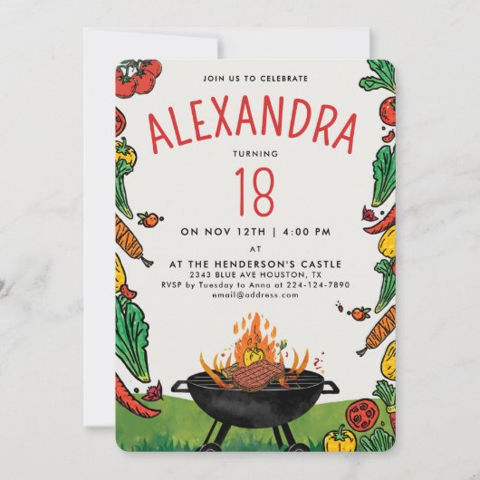 おもしろいレッドグリーンバックヤードグリルステーキベギピクニック 招待状 (正面)