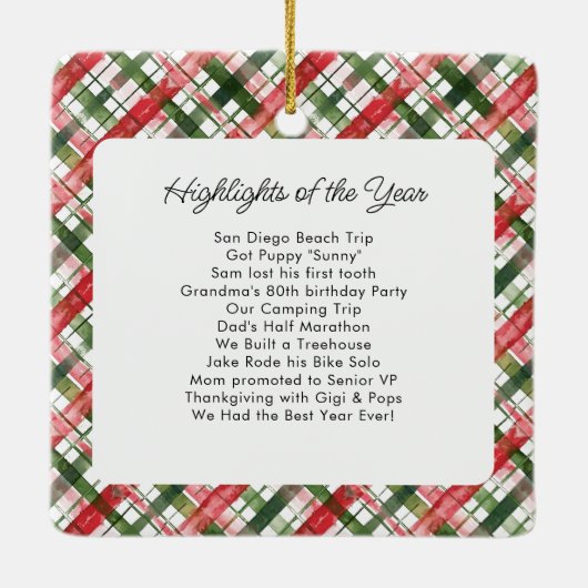 おもしろいレッドグリーンプレイドチェッククリスマスフォトカスタム セラミックオーナメント (裏面)
