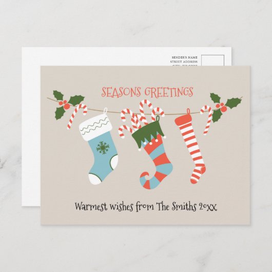 おもしろいレッドスクリプトグリーンストッキングキャンディーケーンフローラ ポストカード (正面/裏面)