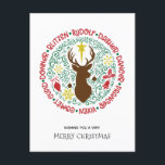 おもしろいレッドスクリプトサンタトナカイ名クリスマス シーズンポストカード<br><div class="desc">おもしろいレッドスクリプトサンタトナカイ名クリスマスホリデーカード。サンタのトナカイの数と名前は？この可愛くておもしろいの円の形で愛する人に休日の暖かい願いと挨拶を送るホリデーカードは、ラウンドデザインでカラフルのクリスマス装飾飾り付きサンタクロースのすべての魔法のトナカイを特徴とす飛んでいるる。逆にカスタマイズ可能なグリーティングメッセージと美しいマルーンの赤い背景の名前を表示する。皆さん、おめでとうございます！</div>