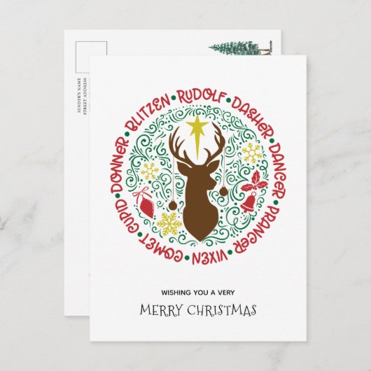 おもしろいレッドスクリプトサンタトナカイ名クリスマス シーズンポストカード (正面/裏面)