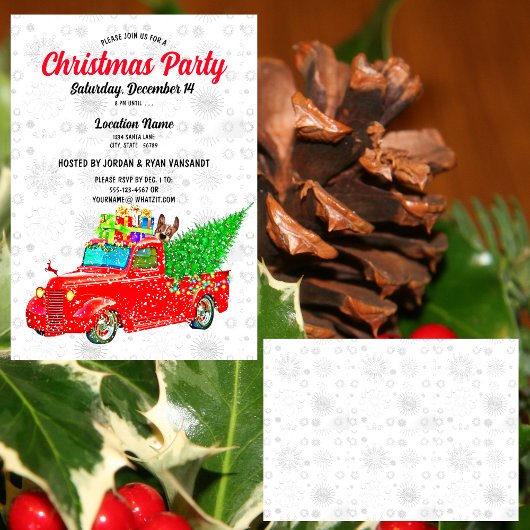 おもしろいレッドトラックホワイトスノーツリーライトクリスマスパーティー 招待状