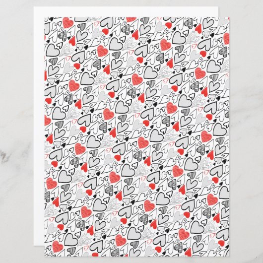 おもしろいレッドブラックドードルハートホワイトスクラップブック紙 (正面/裏面)