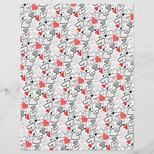 おもしろいレッドブラックドードルハートホワイトスクラップブック紙 (正面)