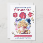 おもしろいレッドブルーポップコーンムービーナイトパーティー水彩 招待状 (正面)