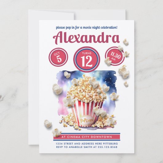 おもしろいレッドブルーポップコーンムービーナイトパーティー水彩 招待状 (正面)