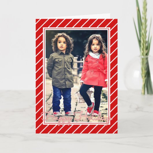 おもしろいレッドホワイトペパーミントキャンディーケーンストライプホリデー カード (正面)