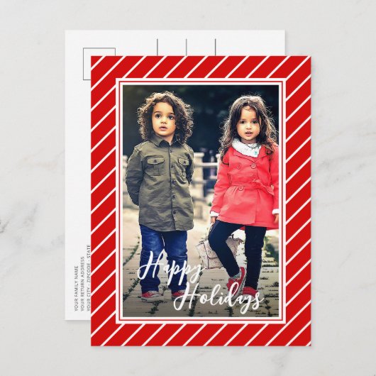 おもしろいレッドホワイトペパーミントキャンディーケーンストライプホリデー ポストカード (正面/裏面)