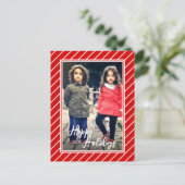 おもしろいレッドホワイトペパーミントキャンディーケーンストライプホリデー ポストカード (スタンド正面)