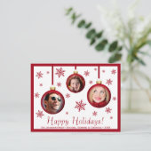 おもしろいレッドボーブル&スノーフレーク3フォトホリデー ポストカード (スタンド正面)