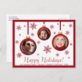 おもしろいレッドボーブル&スノーフレーク3フォトホリデー ポストカード (正面/裏面)