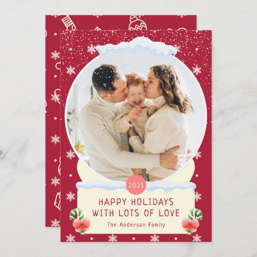 おもしろいレッドメリークリスマススノーグローブフォトカード 招待状 (正面/裏面)