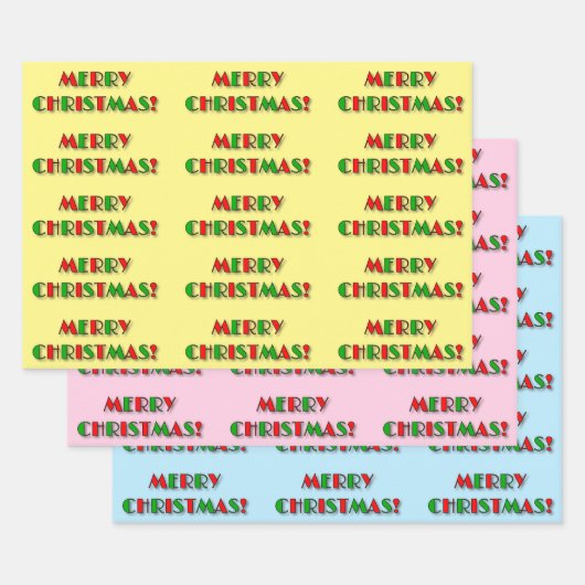 おもしろいレッド&グリーンアールデコスタイル「メリークリスマス!」 ラッピングペーパーシート (セット)