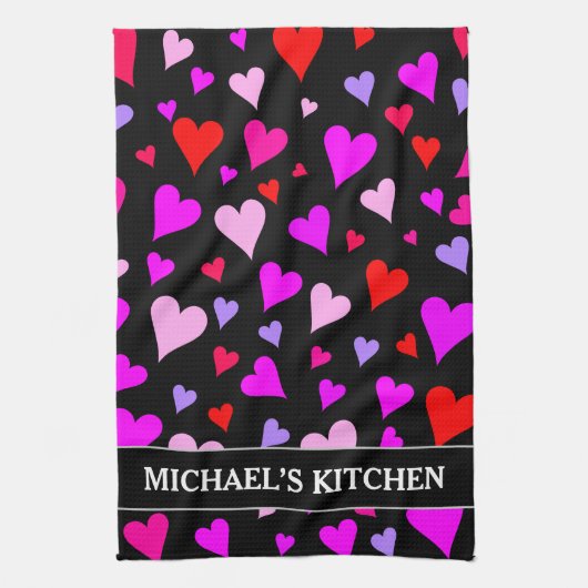 おもしろいレッド、ピンク、紫、マゼンタのハートパターン キッチンタオル (縦)