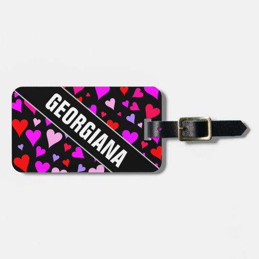 おもしろいレッド、ピンク、紫、マゼンタのハートパターン ラゲッジタグ (正面横)