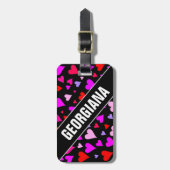 おもしろいレッド、ピンク、紫、マゼンタのハートパターン ラゲッジタグ (正面縦)