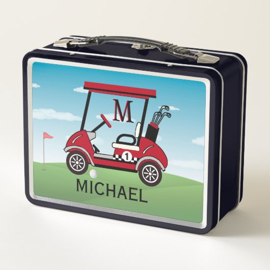おもしろいレッド&ブラックゴルフカート名モノグラム メタルランチボックス (裏面)